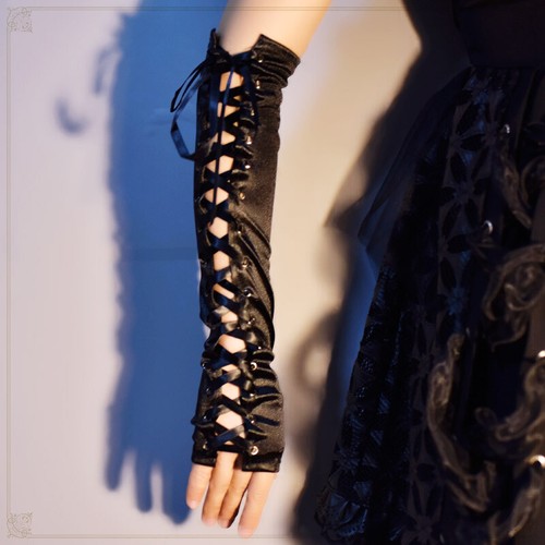 2 Pair Lady Gothic Fingerless Gloves Lace Up Punk Satin Elbow Gloves costume - Picture 8 of 14