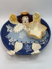 Vtg Pottery Angel Chip And Dip Server Hand Painted Whimsical Christmas 11.25”