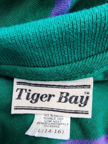 1980s Tiger Bay Boys Long Sleeve Striped Polo Shirt in Green and Purple Size L - Picture 5 of 6