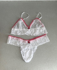 Hanky Panky Bralett & Thong set white stretch lace w/red gingham pattern small