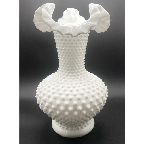 Vintage Fenton White Milk Glass Vase Hobnail Ruffled Double Crimped 10.5" Tall