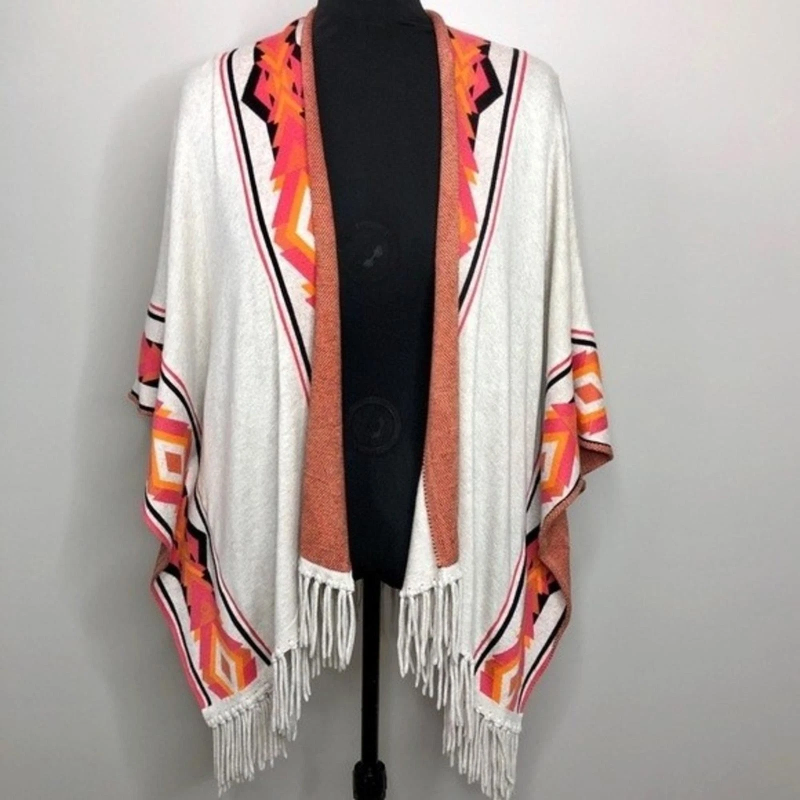 Western print Fringe Poncho