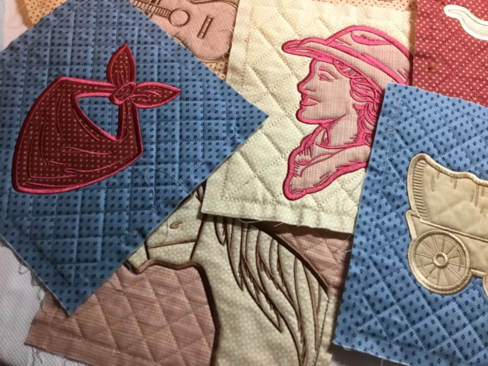 Set of 16 Unfinished Embroidery Quilt Blocks - Country Western Theme ~8x8" each - Image 4 of 4