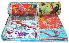 Indian Handmade Bird Print Patchwork Twin Cotton Kantha Quilt Throw Blanket
