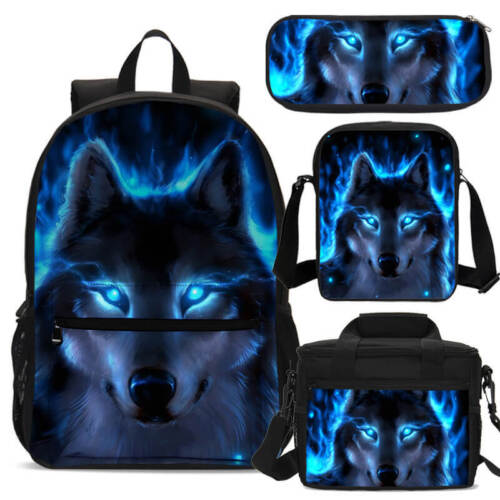 Wild Blue Wolf Boy School Backpack Insulated Lunch Bag Pen Case Shoulder Bag Lot - Picture 1 of 19
