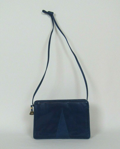 VTG 1960s 70s LIZ CLAIBORNE BLUE LEATHER SHOULDER BAG 8 3/4" x 5 7/8" - Picture 4 of 12