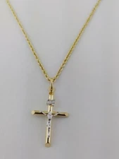 14K Solid Gold Italian Cross pendant with Rope necklace Chain. 