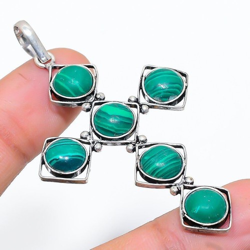 Bijoux Indiens Ethniques pendentif argent 925 massif femme et pierre fine Malachite véritable vert foncé marbré grand ovale - Inde 081