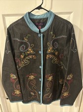 Denim Co Jean Jacket Size Large Boho Floral Paisley Embroidered Costal Grandma