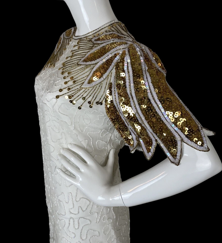 VTG 80s Laurence Kazar White Silk Gold Sequined Cocktail Dress Womens - Image 4 of 4