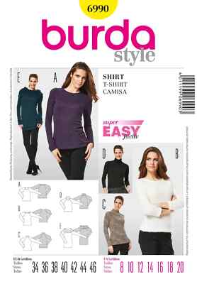BURDA 6990 T SHIRT TOPS Schnittmuster Gr. 8 - 20 Skill: SUPER EINFACH