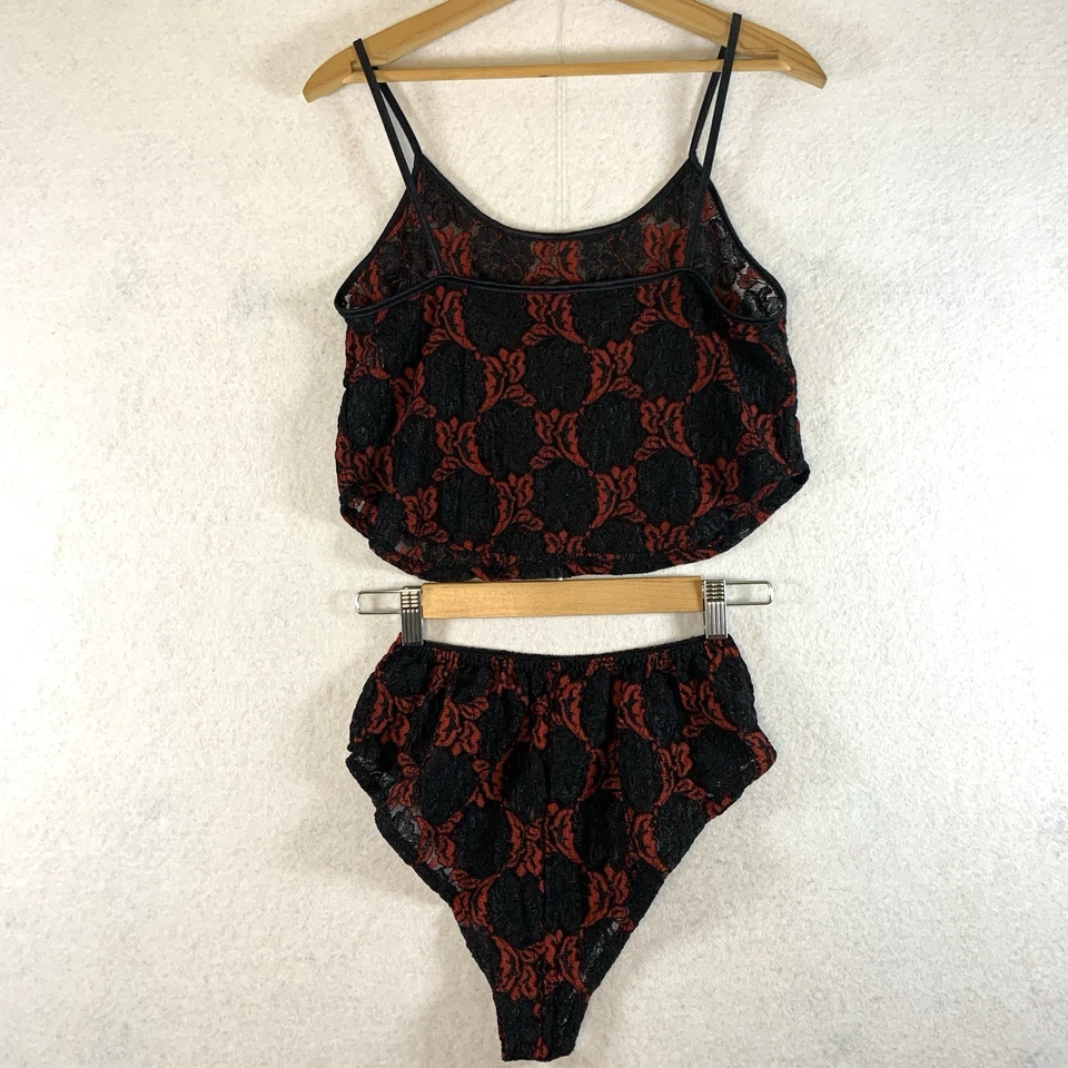 Conjunto de cami de encaje Burn Out vintage años 80 cintura alta negro rojo burlesque hecho en EE. UU. Foto 2 de 4