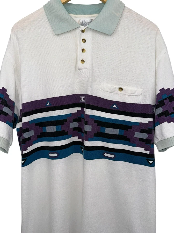Camisa Polo Vintage Express Riders Blanca Azteca Occidental Tribal Suroeste Talla L Foto 2 de 4