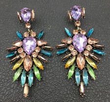 Multi-Color Crystal Rhinestone Large Flower Long Dangle Earrings