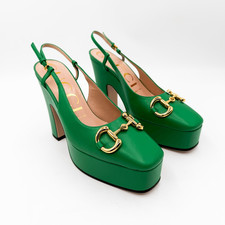 Gucci Horsebit Baby120 Platform Pumps EU 37 US 7 Green Leather Slingback