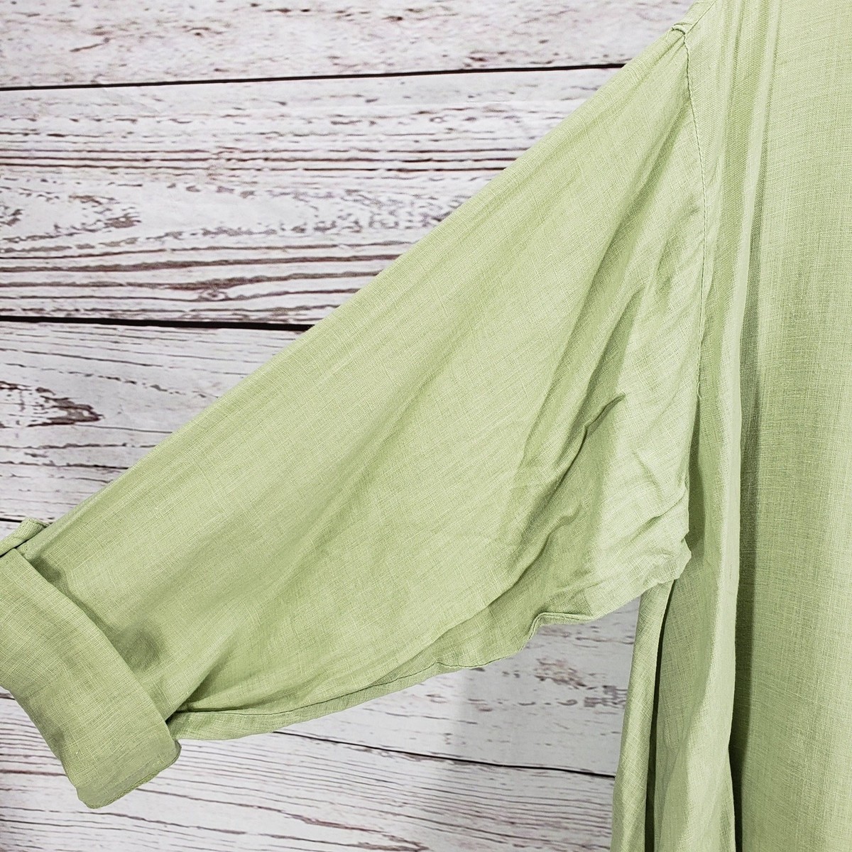 B. HADIKUSUMO Green 100%Linen Shark Bite Hem Roll Tab Sleeve Top Size XL View 4