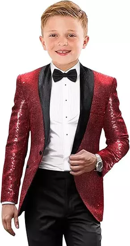 Boys Tuxedo Shiny Sequins Suit for Kids Slim Fit 2 Piece Formal Prom Dress Suit - Picture 16 of 18
