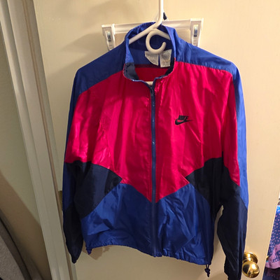 Vintage 90s Nike Women Large Full Zip Windbreaker Jacket Pink Navy Purple EUC