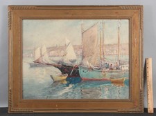 Signed Antique JOHN A COOK Gloucester Fishing Boat Harbor Watercolor Painting