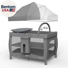 7 in 1 Pack and Play with Bassinet, Portable Crib with Mattress, Diaper Changer,