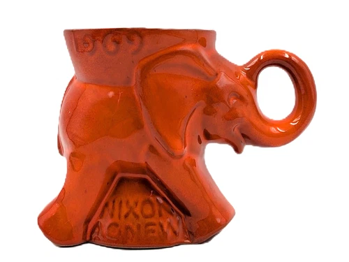 Frankoma Pottery 1969 Elephant Mug GOP Nixon-Agnew Campaign Mug Orange 4"x 5" #2