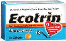 Ecotrin Safety Coated Aspirin Pain Reliever Low Strength Tablet 81mg 45Ct 2 Pack