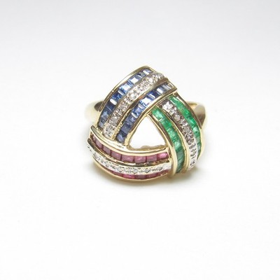 14K Gelbgold natürlicher Saphir, Rubin, Smaragd, Diamant Cluster Ring 1,50 kt