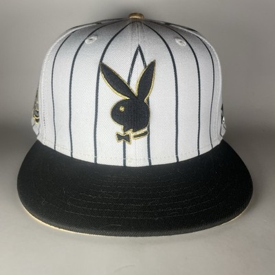 Play Boy Hat Cap Fitted  7 5/8 White Black Gold Pinstriped Champions Mens 0134