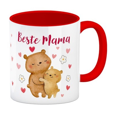 Bären Mutter und Kind Kaffeebecher in rot mit Spruch Beste Mama
