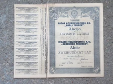 Share 1924 Riga Wood Industry Brothers Theurer 200 Lat with Coupons No 344 Old