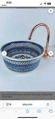 Moroccan Sink Bowl Blue White 16'' Ceramic Round Basin