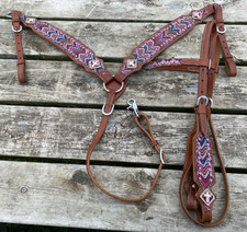 Used Western headstall/breast collar set colorful Chevron print w/pink crystals