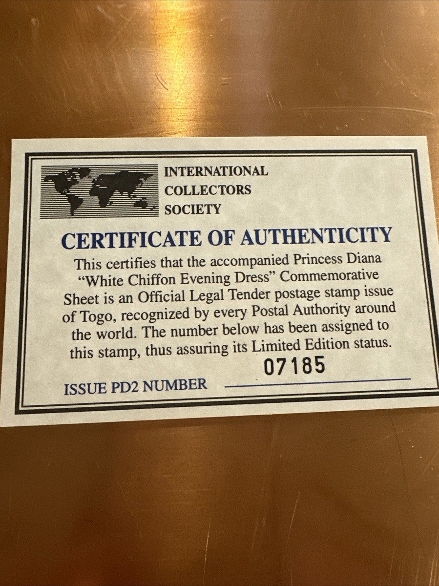 princess diana white chiffon evening dress stamp Princess Diana Stamp"White Chiffon Dress"International Collectors Society C.O.A