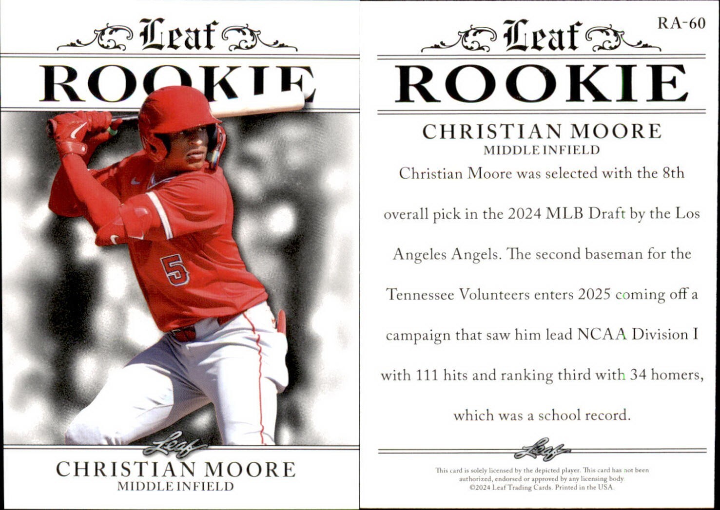 2024 Leaf ROOKIE CHRISTIAN MOORE RC #RA-60 BASEBALL LOS ANGELES ANGELS