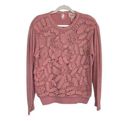 Vintage 80s 90s Mom Granny Crochet Flower Knit Sweater Womens Large Pink Angora