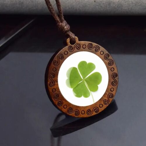 Four-leaf Clover Pendant Green Lucky Wood Pendant Rope Chain Necklace Men Women - Picture 1 of 2