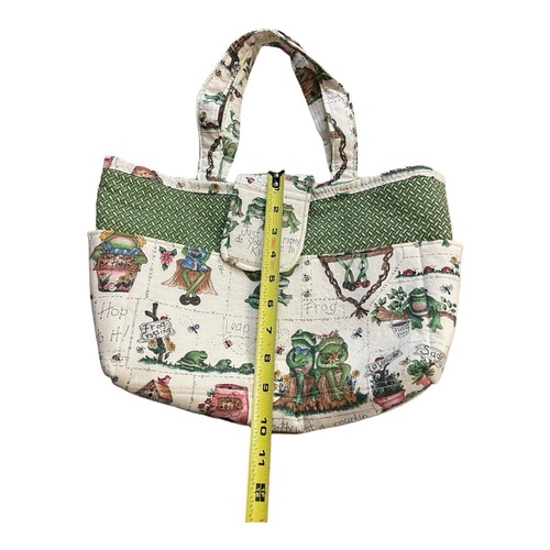 Frog Purse Shoulder Bag Tote Handmade Cotton 9 Pockets Garden Mushrooms Birds - Picture 12 of 13