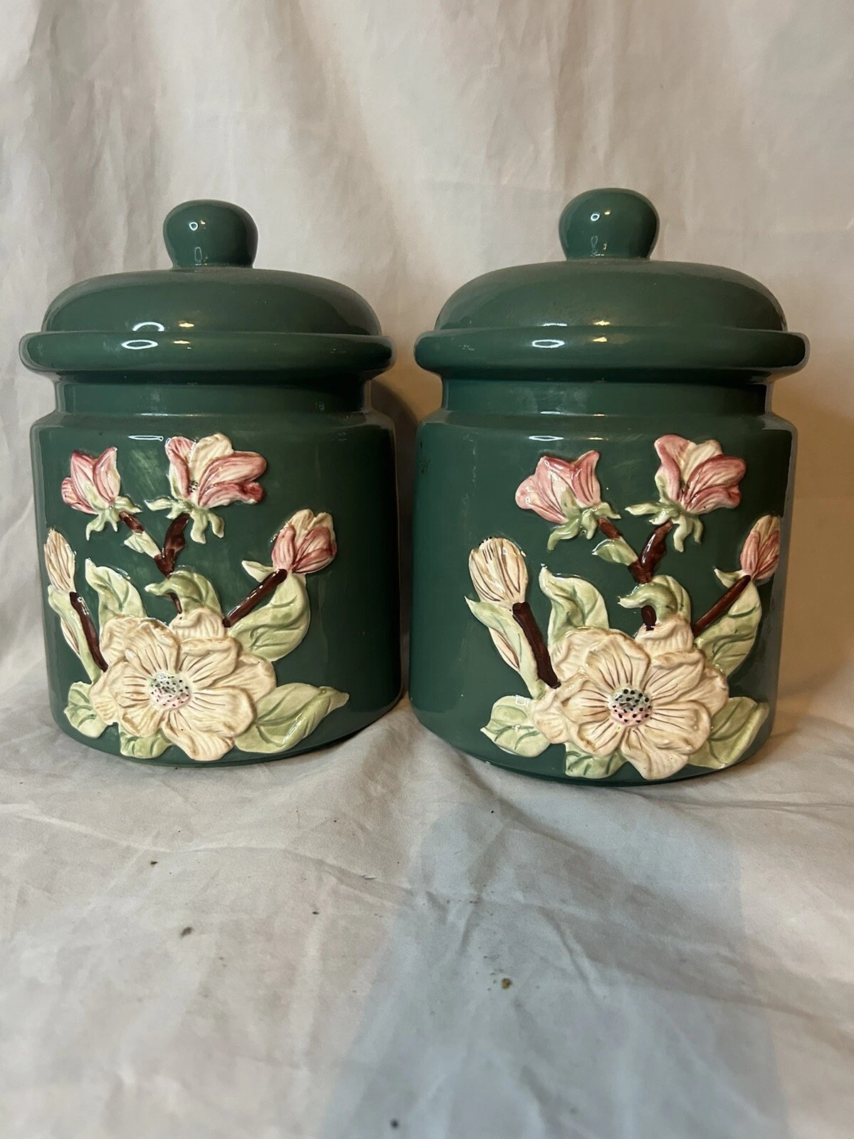 Magnolia Blossom Collection Green Canisters Set Of 2 Pink And White Flowers