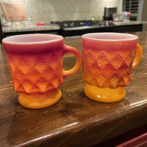 Anchor Hocking Kimberly Fire King 2 Coffee Mugs Orange Red Diamond Pattern  
