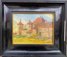 Oil Painting Monogr. a. H.1984 View On Castle Manor Before Mountain Landscape