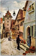 Bavaria Germany DE, Rothenburg ob der Tauber, Street Scene, Vintage Postcard