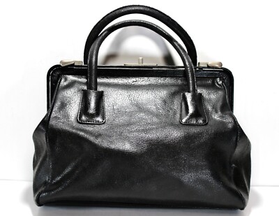 Vintage PRADA Black Leather Metal Frame Dr Bag Cerniera Double