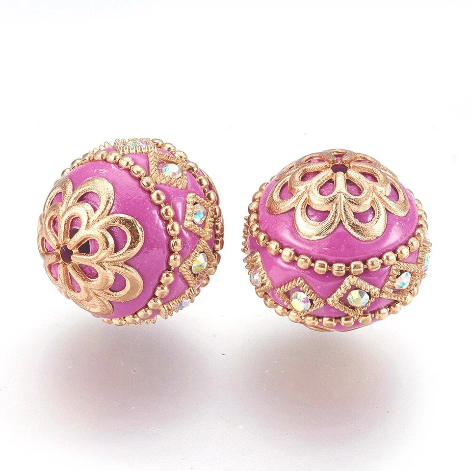 5Pcs Round Handmade Indonesia Beads with Metal Findings Light Gold Orchid 19mm - Image 2 of 2