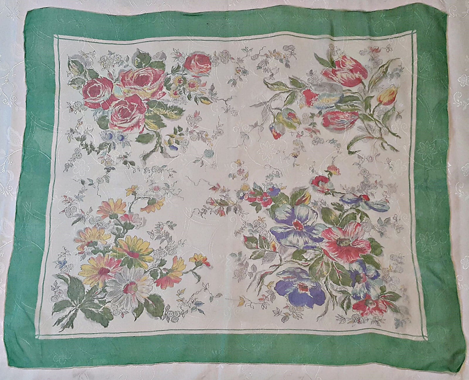 Vintage Floral Art Silk Chiffon Scarf Roses Tulips Green 29-inch Square-image