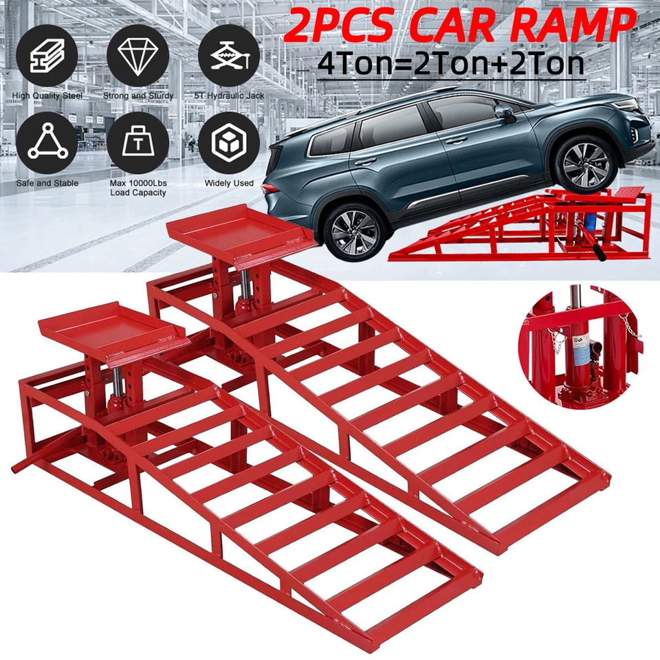 4 ton Hydraulic Car Ramps 2PC Heavy Duty Garage Auto Van Bottle Lift Jack Ramp - Image 1 of 4