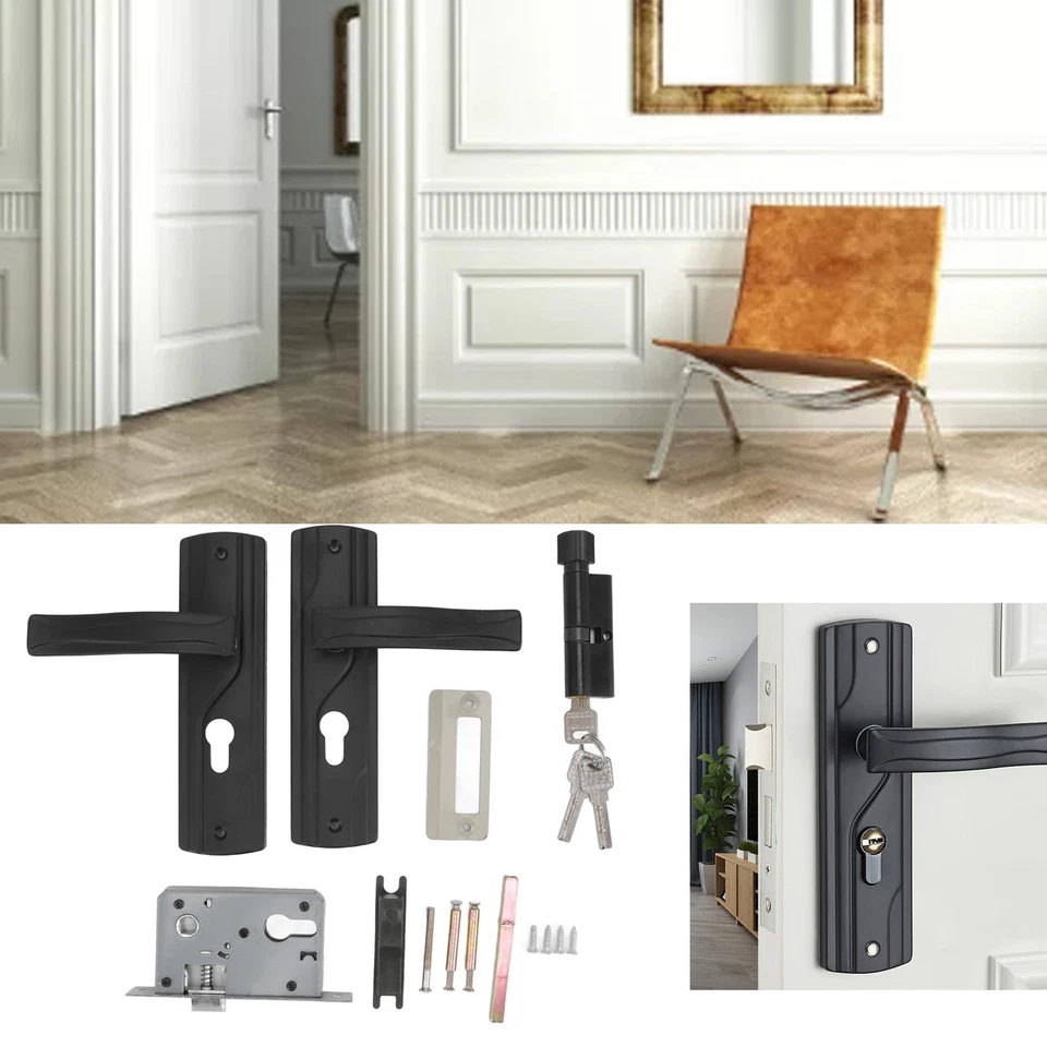 Door Handle Key Lock Set Black Lever Lock Handles with Steel Panel and Keys New - Image 3 of 4