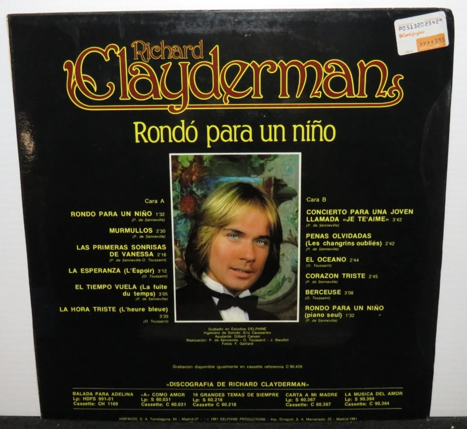 RICHARD CLAYDERMAN RONDO PARA UN NINO (VG+) S-90459 LP VINYL RECORD - Image 2 of 4
