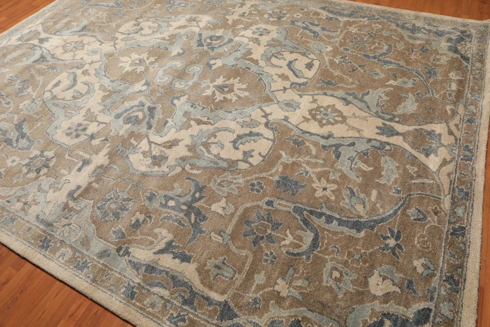Handmade 8x10 Wool Area Rug Tan Blue Floral Pattern Traditional Oriental Carpet - Image 4 of 4