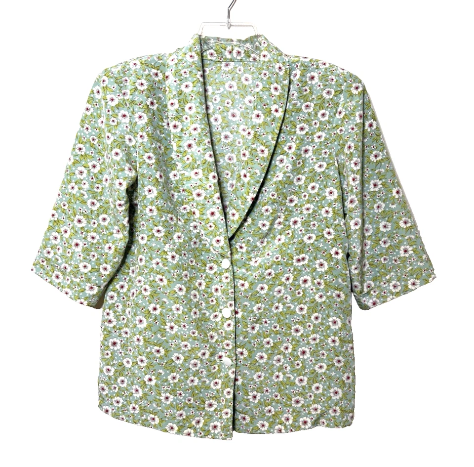 Blusa Top Retro Años 50 Hecha a Mano Talla XL Gris Azul Rojo Floral Chal Cuello Botón Foto 2 de 4