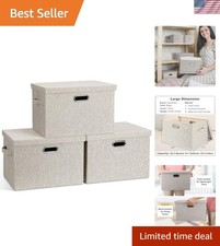 Large Quart Collapsible Stackable Storage Bins with Lids, 3 Packs Beige Linen...